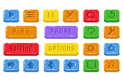 Pixel menu buttons. Retro video game interface icons, 8 bit game panel