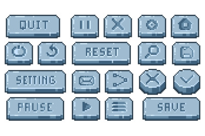 Stone pixel buttons. Old school video game interface elements, 8 bit r