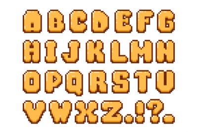Retro pixel font. 8 bit old school video game alphabet, geometric mini