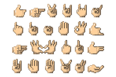 Pixel hands. Retro 8 bit game finger gestures, arcade computer web 90s