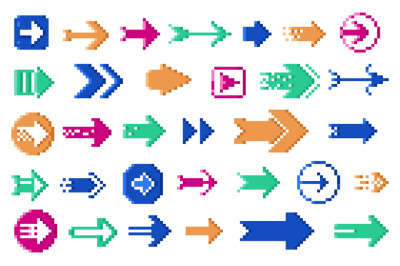 Pixel 8 bit arrows. Dotted retro navigation cursors, retro 8 bit direc