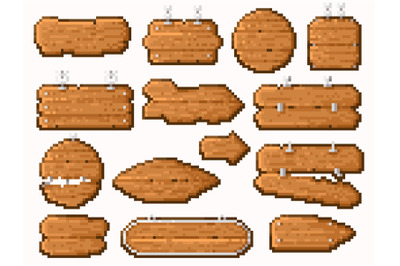 Wooden pixel signs. Retro 8 bit video game board frame, vintage blank