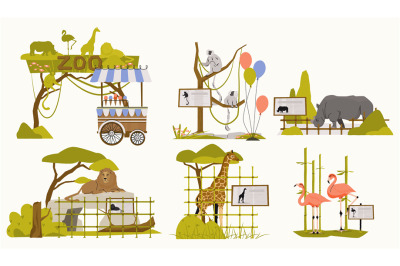 Zoo landscape elements. Cartoon zoo park entrance with fence and gate,