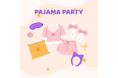 Sleep time accessories. Cartoon girl pajamas with cute slippers, cozy