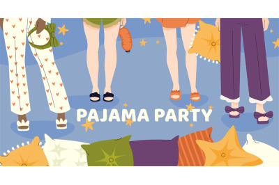 Pajama party. Cartoon invitation card with cute girls in nightwear, sl