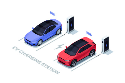 Isometric cars charging. Electric vehicle charging station with cars,