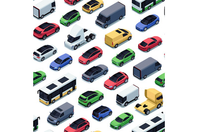Isometric cars pattern. Seamless print of colorful retro vehicles, car