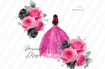 Fuchsia Pink Quinceaera Clipart&2C; Black &amp;amp; Pink Roses&2C; Sweet 16th