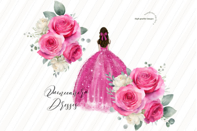 Bright Pink Fuchsia Princess Clipart&2C; Pink Roses&2C; Mis quince