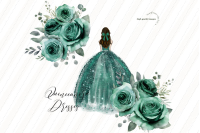 Emerald Green Princess Clipart&2C; Mis Quince Clipart&2C; Green Flowers