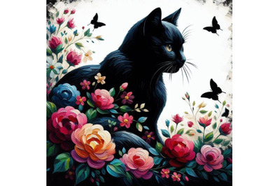 beautiful black cat silhouette with flowers