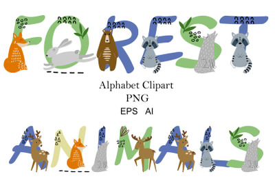 Vector alphabet with forest animals.