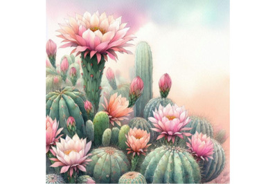 Watercolor blooming cactus backgroun