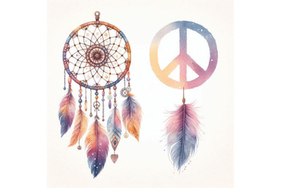 Watercolor ethnic dream catcher and p