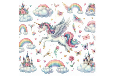 Watercolor fairy tale collection with flying unicorn