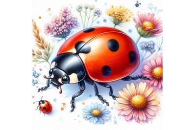 Ladybug painted watercolors on white