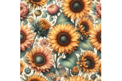 Watercolor seamless pattern with sunflowers