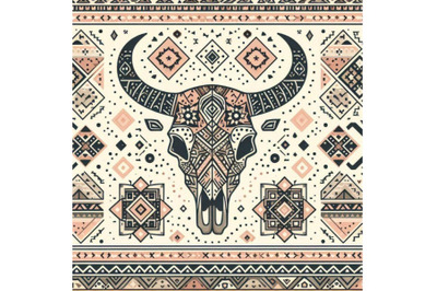 Geometrical ethnic seamless pattern with cow skull