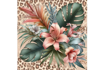 Watercolor tropical flowers and leaves on animal pri