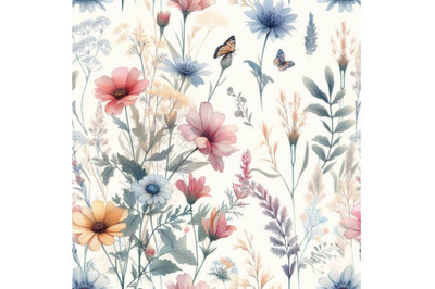 Meadow watercolor and ink flower seamless pattern