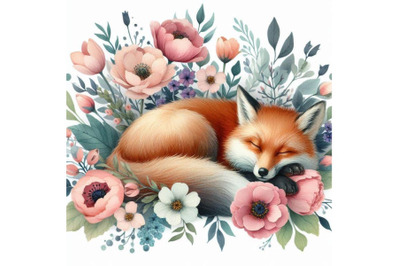 Watercolor sleeping fox among flowers isolat