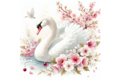 Watercolor swan and cherry bloom