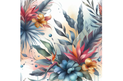 Abstract watercolor tropical flowers, leave