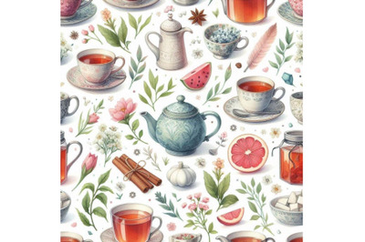 Watercolor tea seamless pattern