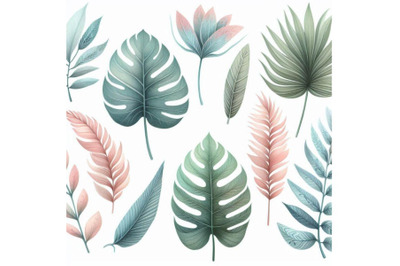 Watercolor tropical leaves set