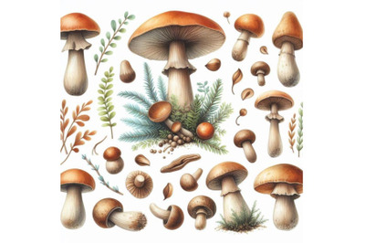 Watercolor mushrooms set on white backgro