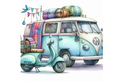 Watercolor hippie camper van&2C; car and scoot