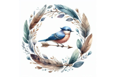 Watercolor wreath with bird feathers and arr