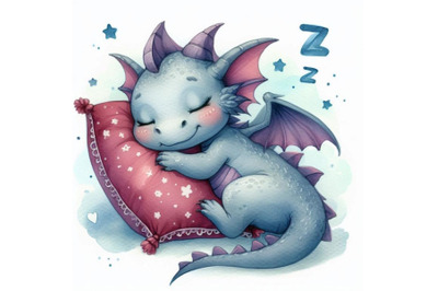 Watercolor sleeping cute dragon on a pillow