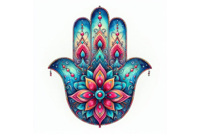 Hamsa Hand in watercolor. Protective and Good luck