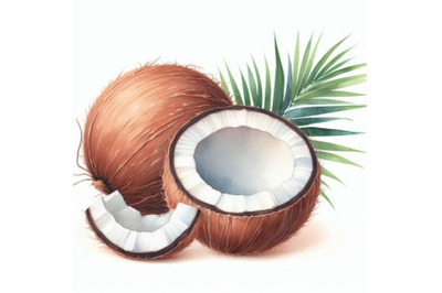 Watercolor coconut on white background