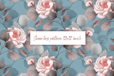 Rose flowers on blue digital paper | Seamless floral pattern