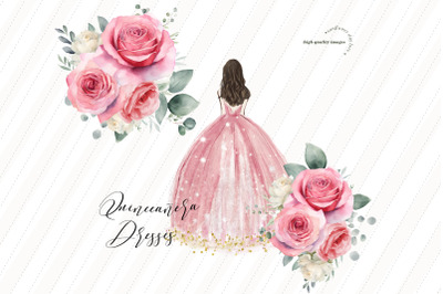 Elegant Pink Princess Dress Quinceaera Clipart&2C;  Blush Pink Flowers