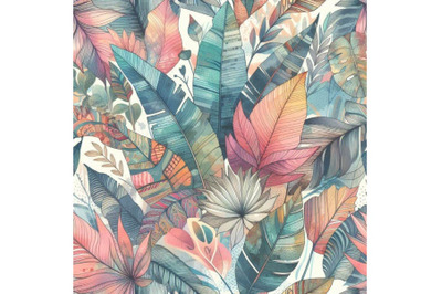 Watercolor exotic leaves, grunge textures,