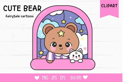 Cute Teddy bear in window and bunny rabbit kawaii clipart