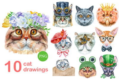 Watercolor cats. Set 2