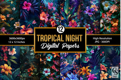 Summer Tropical Floral Night Digital Papers