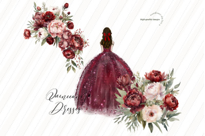 Burgundy Red Princess Dress Clipart&2C; Burgundy Red Flowers&2C; Mis Quince