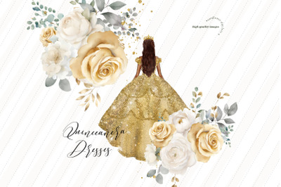 Elegant Gold Princess Dress Quinceanera Clipart&2C; Gold Flowers Clipart