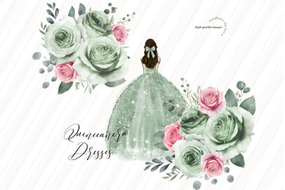 Sage Green Princess Dress Clipart&2C; Pink Flowers clipart