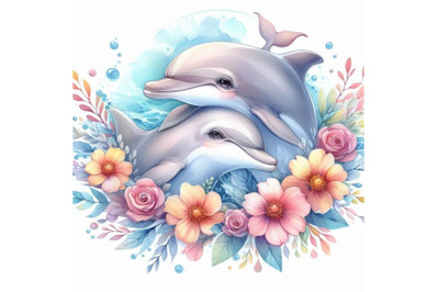 Watercolor pair of lovely dolphins