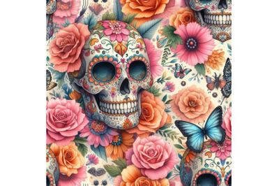 Watercolor mexican sugar skull among the