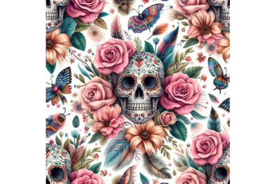 Watercolor mexican sugar skull among the flowers