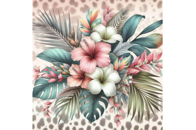 Watercolor tropical flowers and leaves on animal p