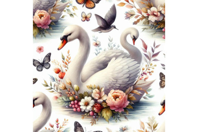 Watercolor swan lake seamless pattern. Beautiful birds with flower