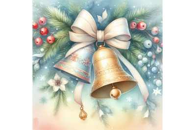 Watercolor background with Christmas bell dec